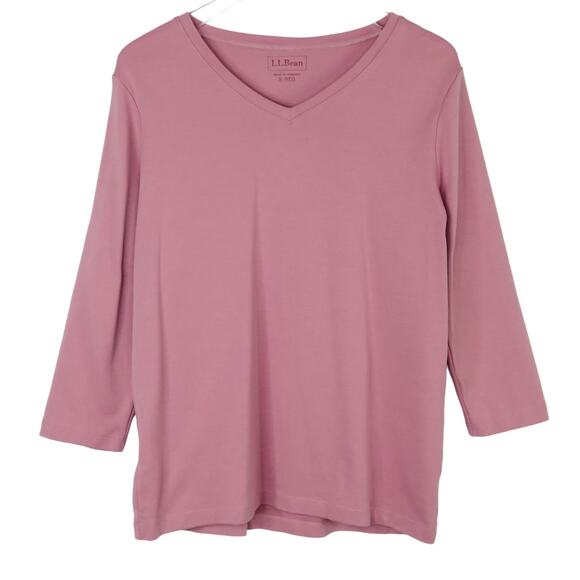 L.L Bean Blush Pink High V-Neck 3/4 Sleeve Casual Blouse Top Small - Picture 2 of 5